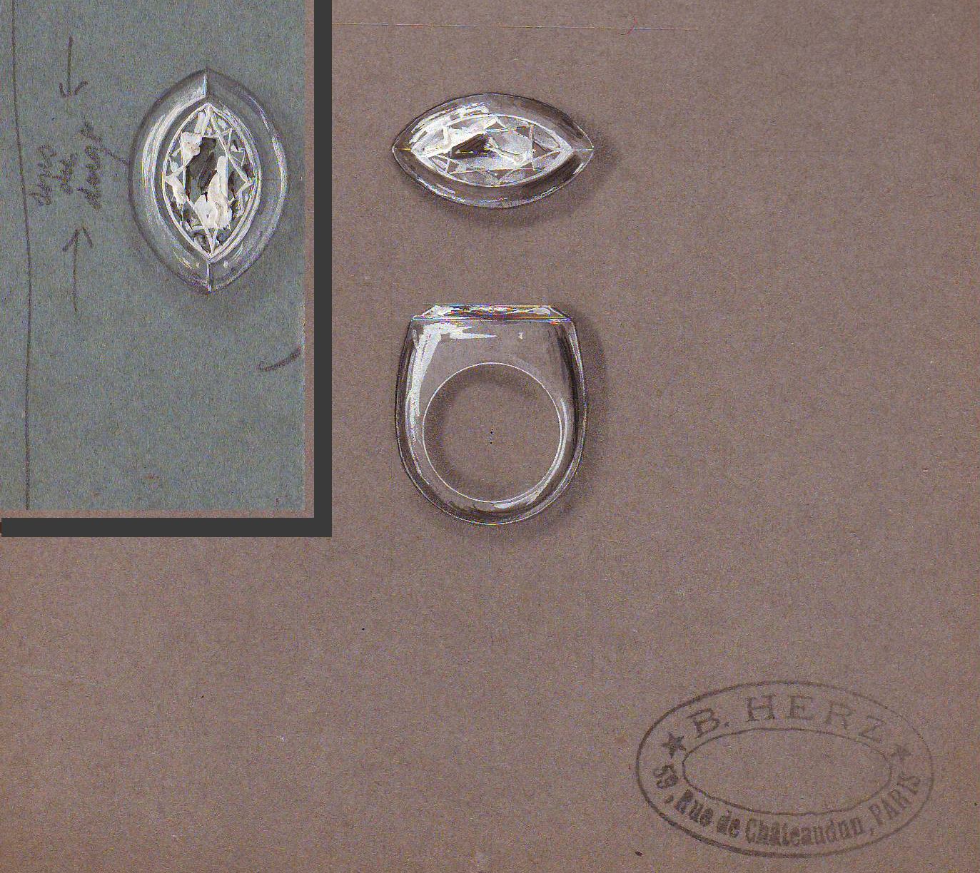 Dessins de la Bague de Suzanne Belperron. Cristal de Roche et Diamant. Crédit Olivier Baroin ©