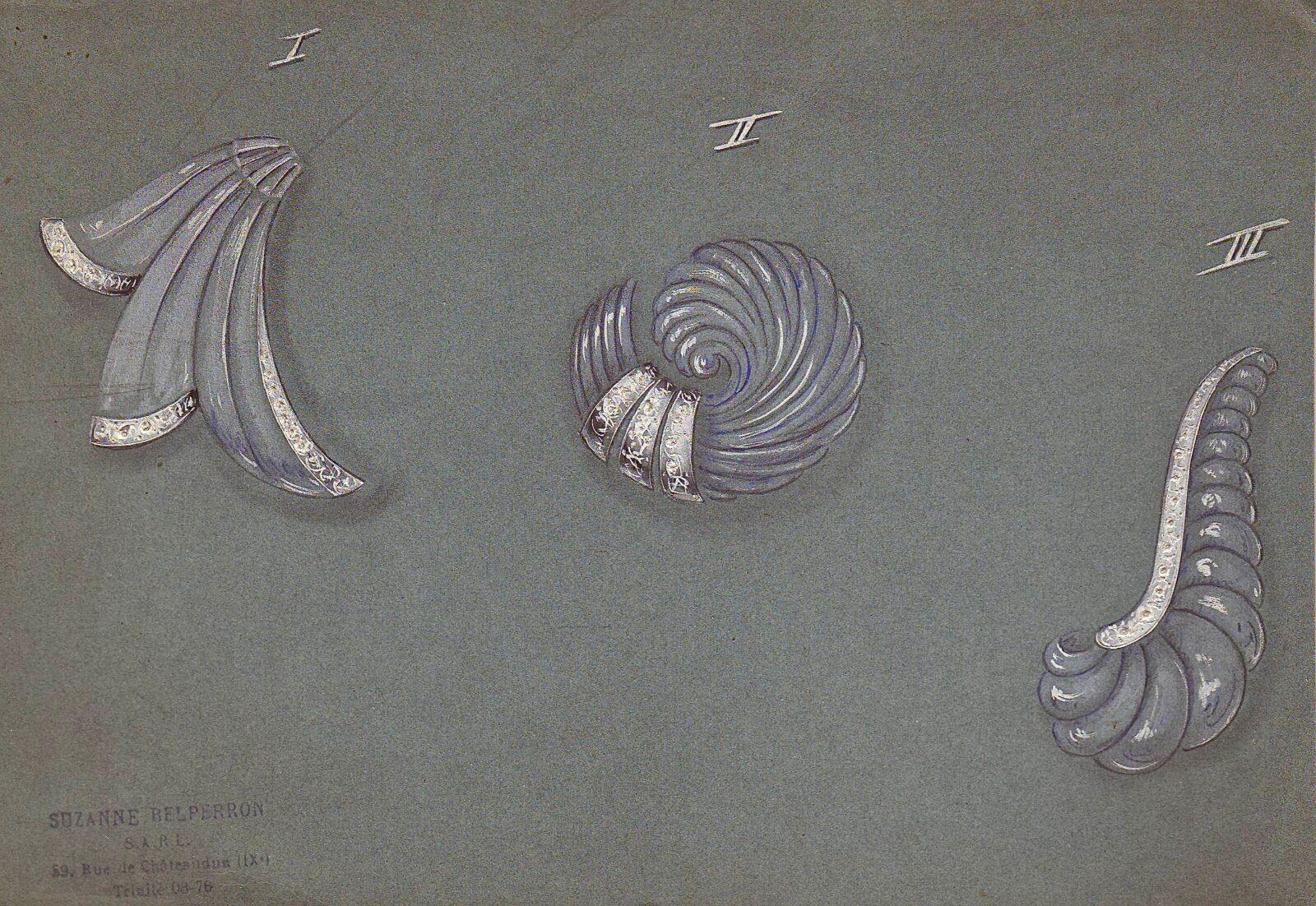 Dessins Suzanne Belperron projets de Broches. Crédit Olivier Baroin ©