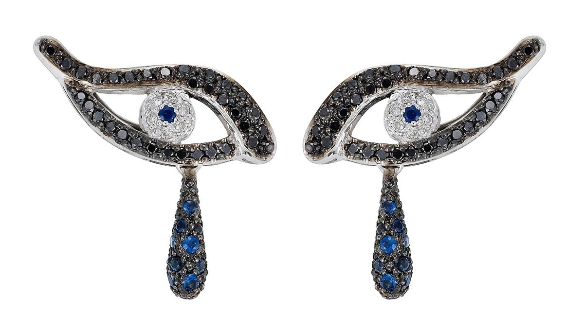 Boucles d'Oreilles Or, Diamants noirs,Diamants et Saphirs Ileana Makri ©Sauce Rocks