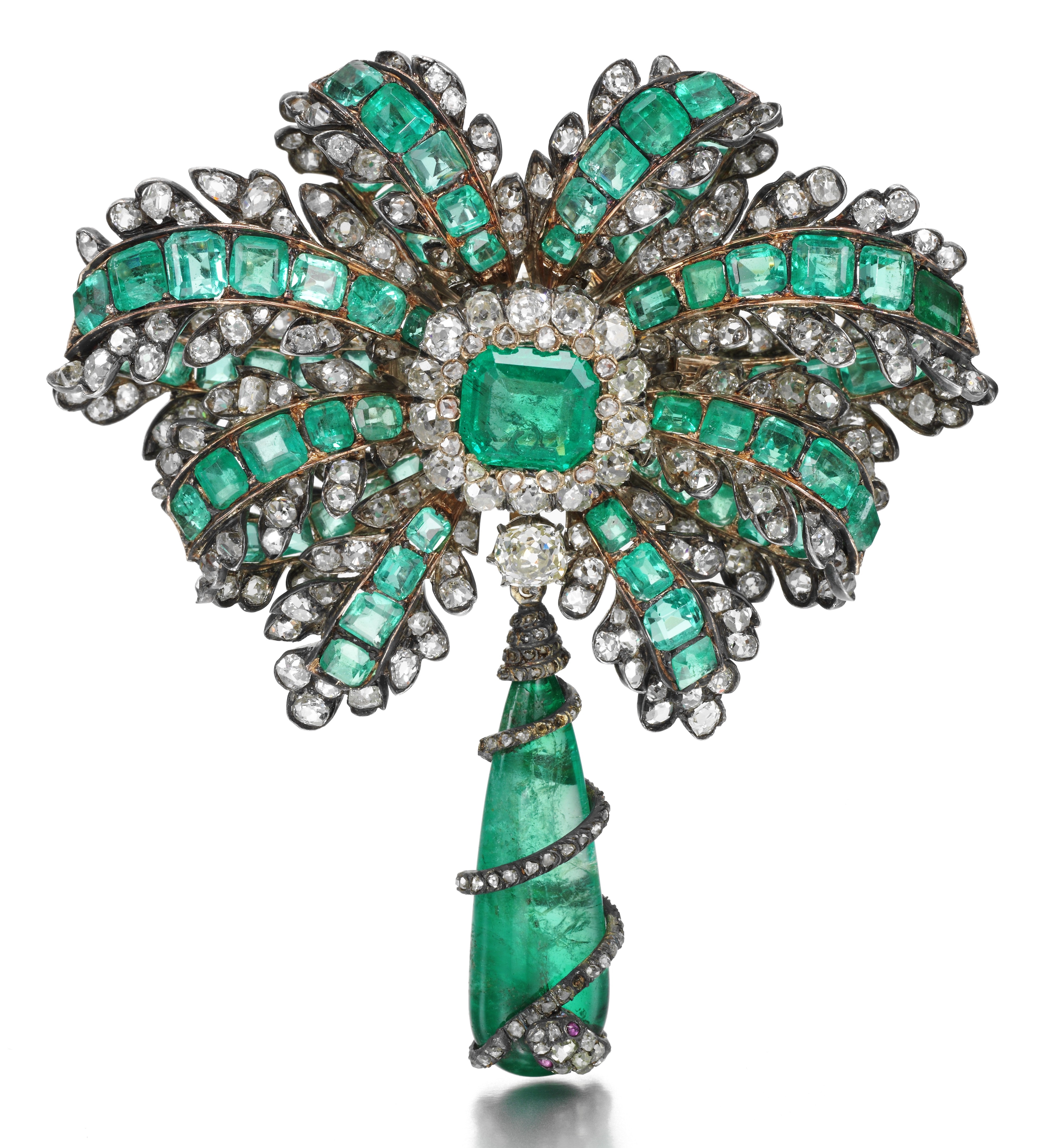 Broche Émeraudes, Rubis et Diamants XIXème siècle