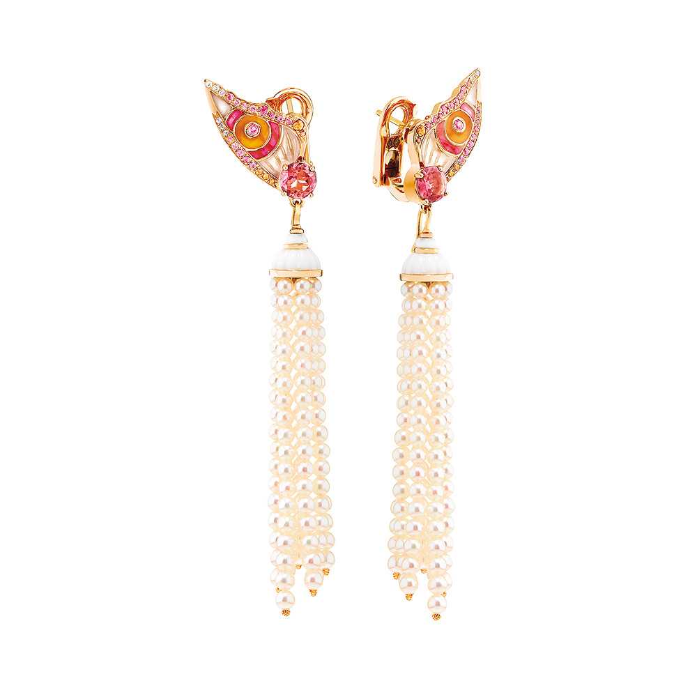 Boucles d'oreilles "Psyché" Or, Tourmalines,Diamants, Saphirs, Perles, Cacholongs Crédit Lalique Joaillerie