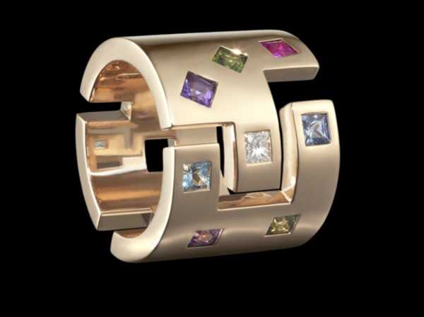 Bague "Malevitch" Or, Diamant, Saphirs, Péridot, tourmaline, 