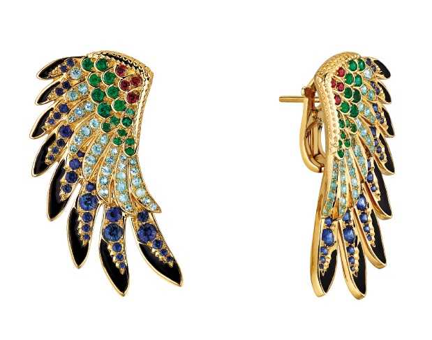 Boucles d'Oreilles "Perroquet" Or, Tormalines Paraïbas, Saphirs, Émeraudes, Saphirs Oranges. Crédit Lalique Joaillerie