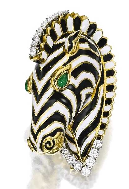David Webb Broche "Zèbre", Or, Platine, Émeraudes, Diamants, Émail