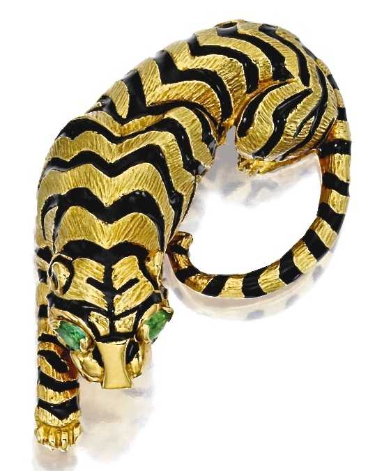 David Webb Broche "Panthère"Or, Émail, Émeraudes