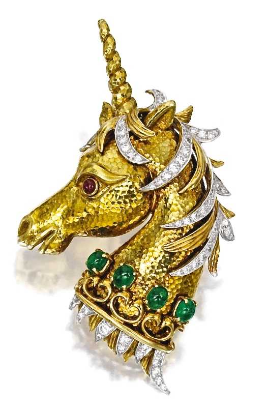 David Webb Broche " Licorne", Or, Émeraudes, Rubis, Diamants