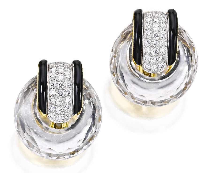 David Webb Clip Or, Platine, Cristal de Roche, Diamants, Émail