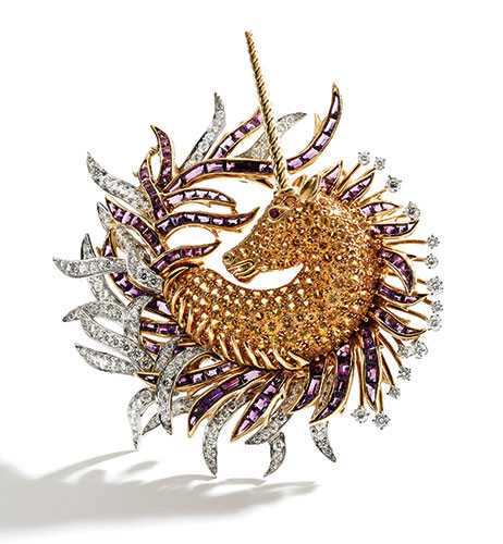 Schlumberger pour Tiffany & Co Broche "Licorne" Saphirs Jaunes, Améthystes, Diamants, Or, Platine