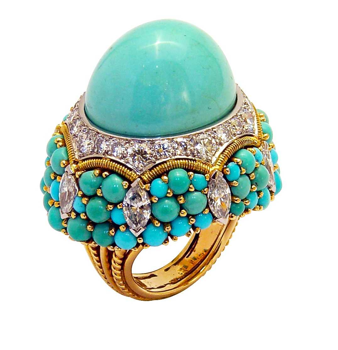 Bague "Cocktail", Turquoises, Diamants, Or, Platine © Marchak