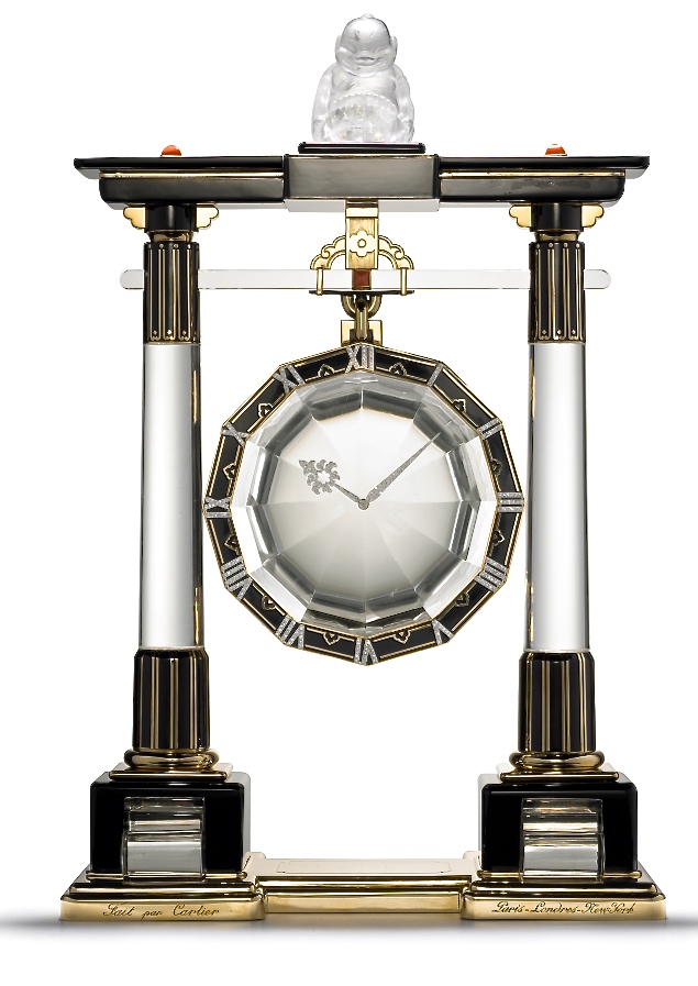 Pendule Mystérieuse Portique Cristal de Roche, Onyx, Diamants, Corail, Or, Platine Cartier 1923
