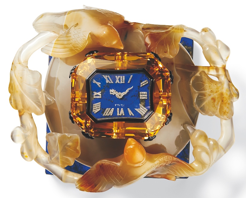 Pendule Pot à pinceaux chinois en Agate fin XIXème siècle Lapis-Lazuli, Citrine, Or Cartier 1927