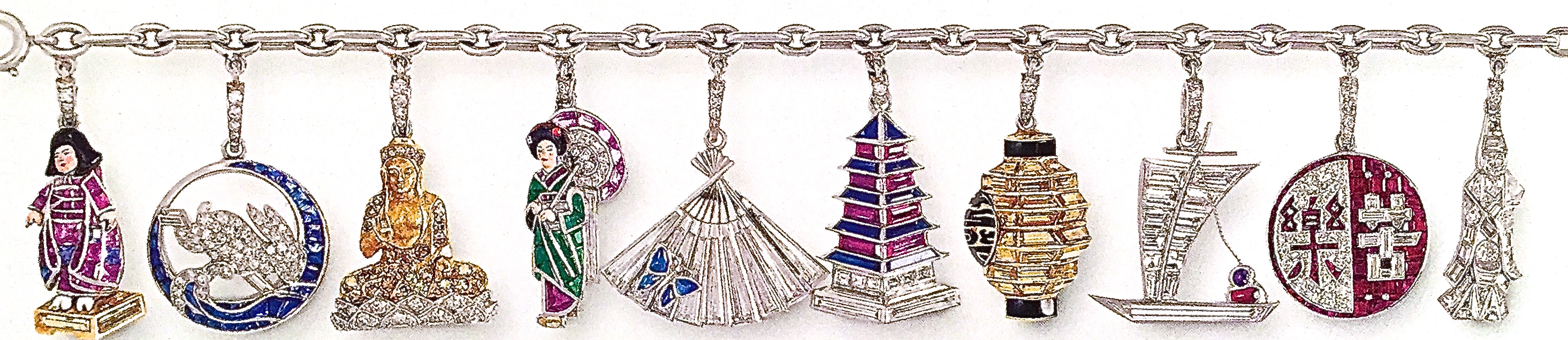 Bracelet platine composé de 10 breloques d'inspiration japonaise. Cartier 1942