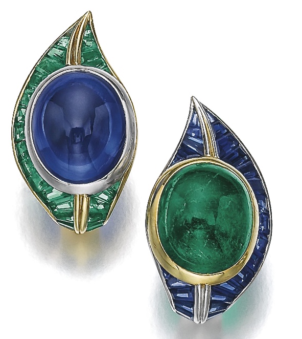 Hemmerle Boucles d'Oreilles Saphirs, Émeraudes, Or