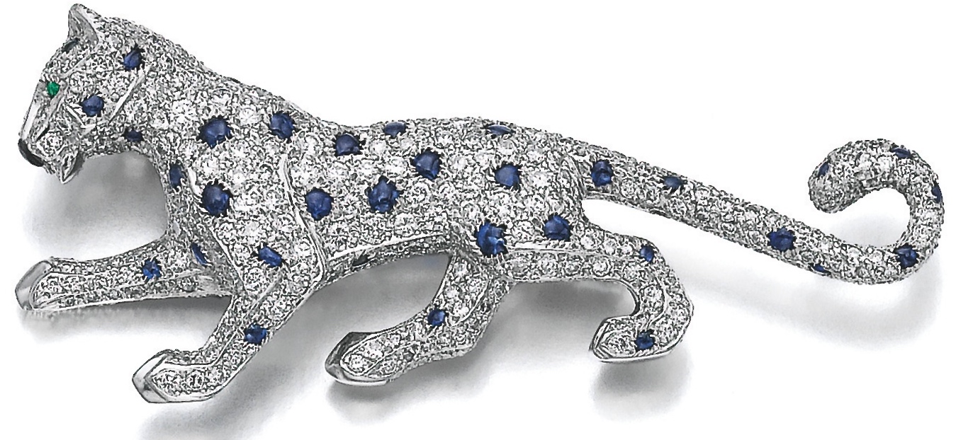 Cartier Broche Diamants, Saphirs, Émeraudes, Onyx, Platine