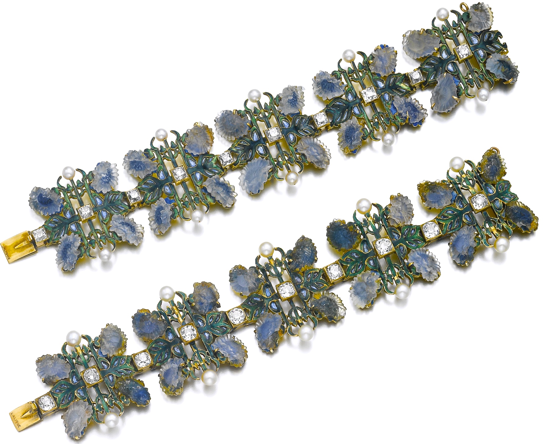 BIJOUX RARES René Lalique Paire de Bracelets Émail, Verre Opalescent, Diamants, Or 1900