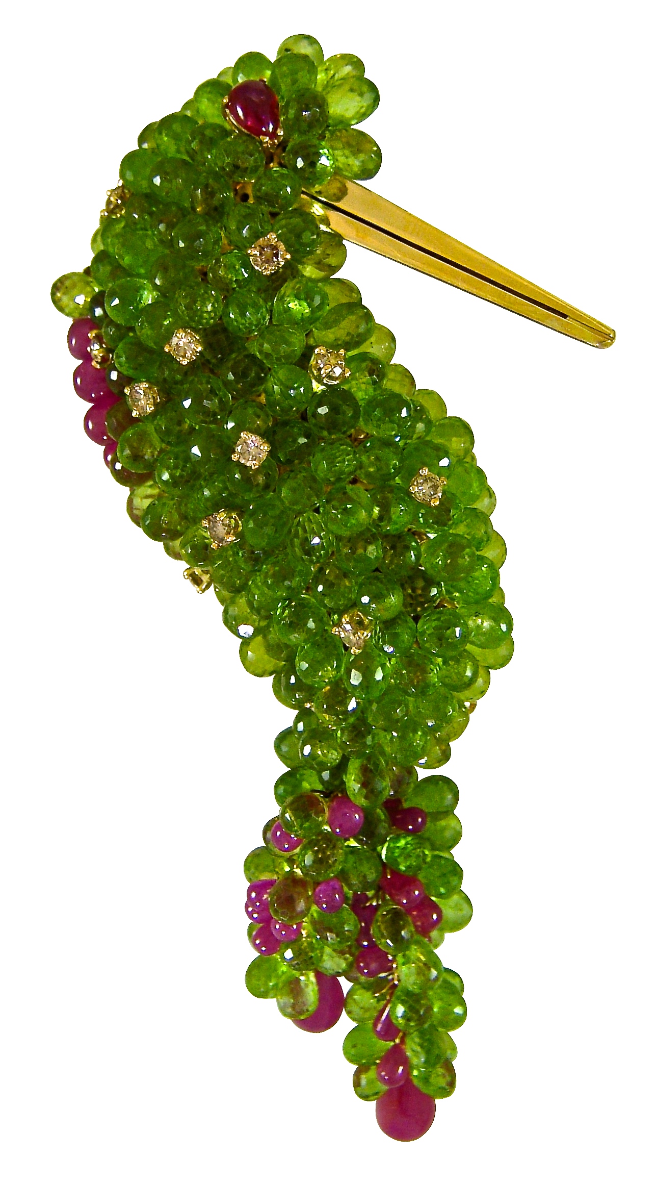 Broche "Pic vert" Péridots, Rubis, Diamants bruns, Or © Erik Schaix