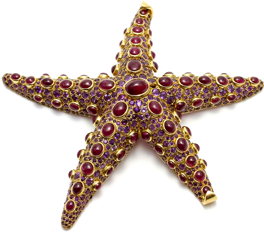 Broche "Etoile de Mer" René Boivin Rubis, Améthystes, Or vers 1940