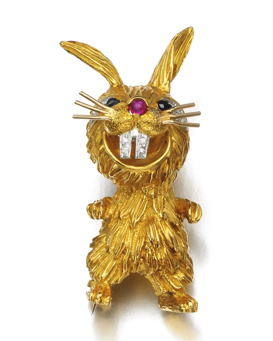 Broche Kutchinsky Diamants, Rubis, Onyx, Or 1967