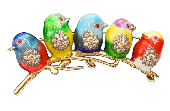 Broche "Moineaux" Émail, Diamants, Rubis, Or 1940 