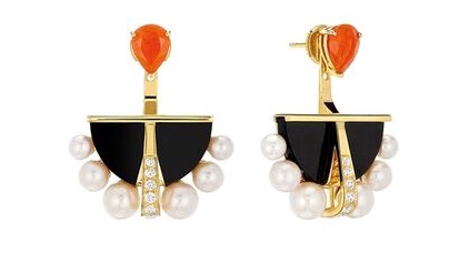 Boucles d'Oreilles "Oiseau de Feu" Opales de feu, Jade Noir, Perles, Diamants © Lalique