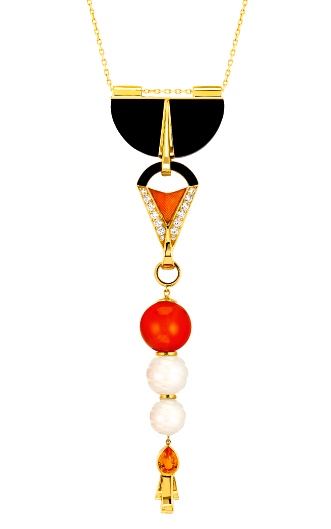 Pendentif "oiseau de Feu" Cornaline, Jade Blanc, Jade Noir, Saphir Orange, Diamants © Lalique