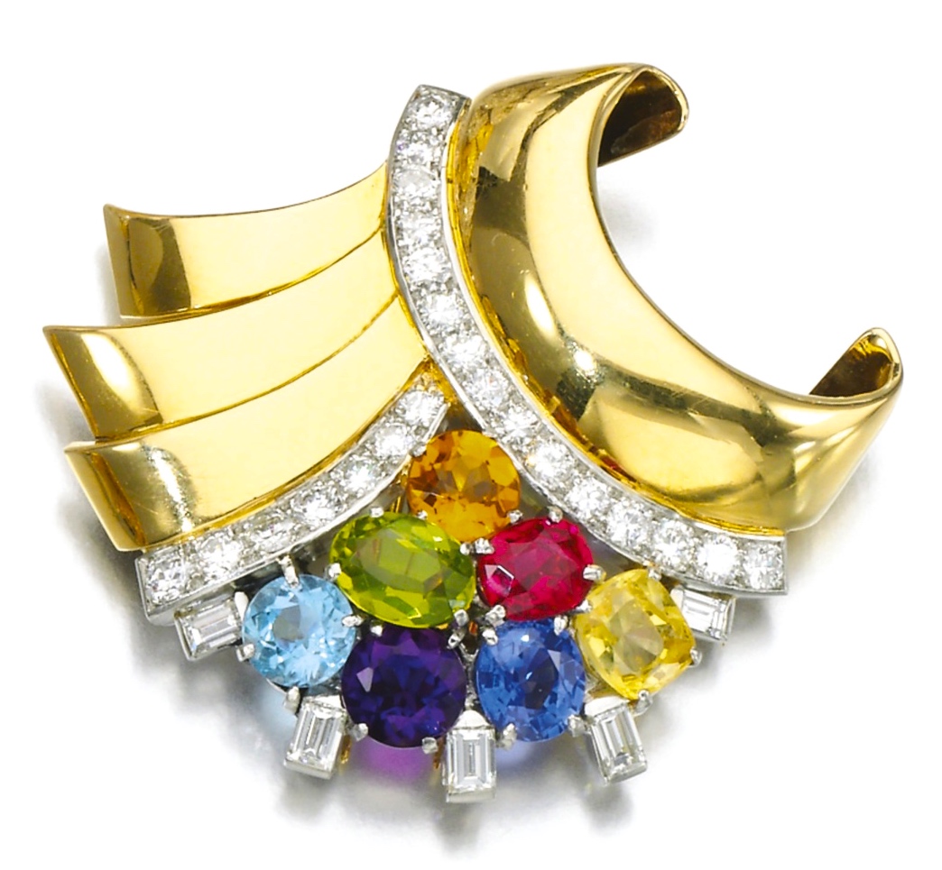 Broche Cartier Diamants, Améthyste, Saphir, Rubis, Aigue-Marine, Péridot, Citrine, Or 1950