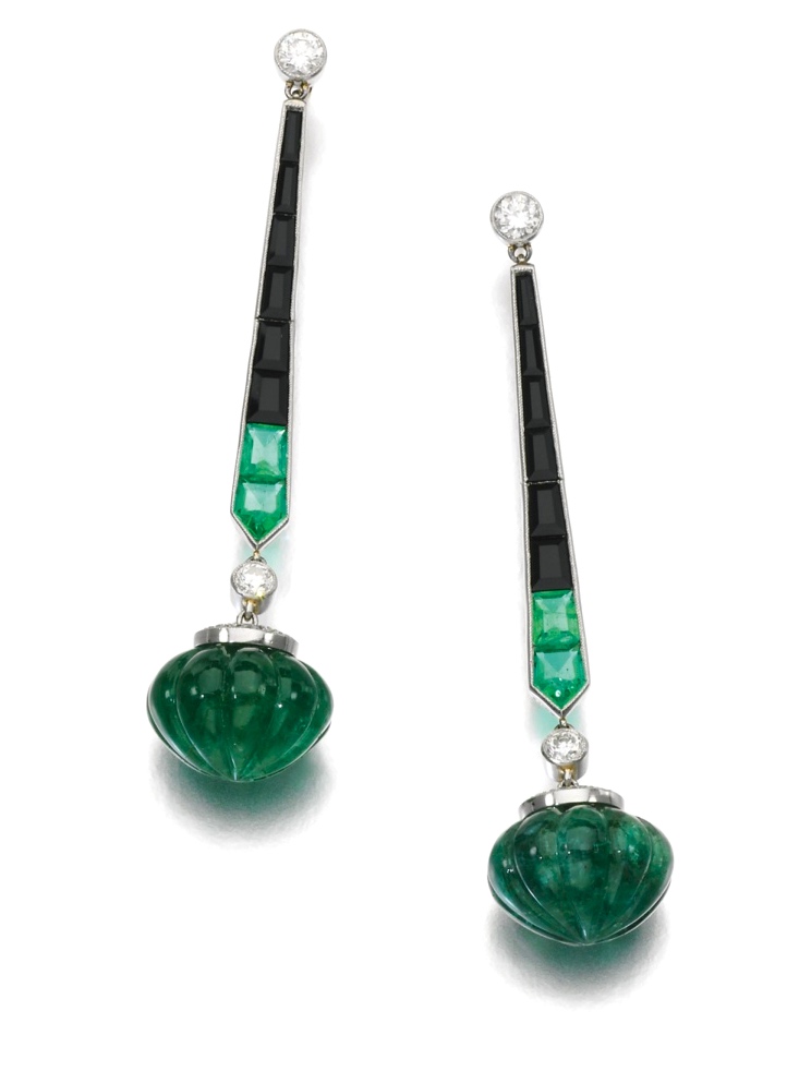 Boucles d'Oreilles Émeraudes, Onyx, Diamants