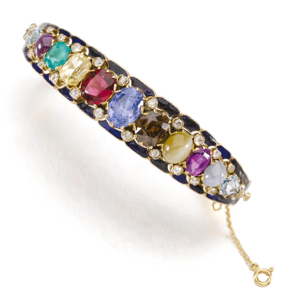 Bracelet Aigue-Marine, Saphir, Émeraude, Zircon, Chrysobéryl, Diamants, Émail 1900