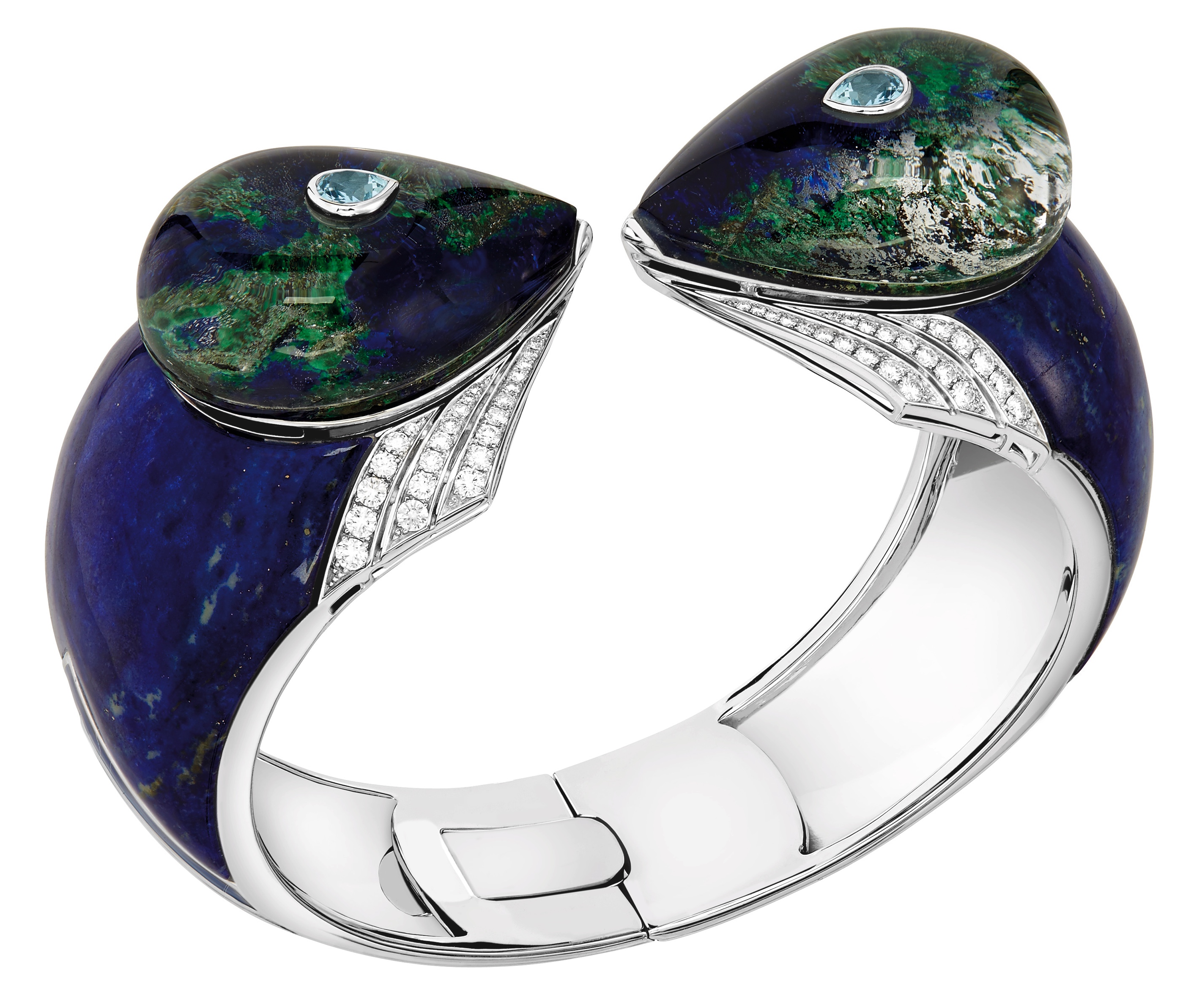 Bracelet "Oiseau de Tonnerre" Or et Argent, Diamants, Lapis-Lazuli, Aigues-Marines, Azurite, Cristal de Roche, Laque Bleue