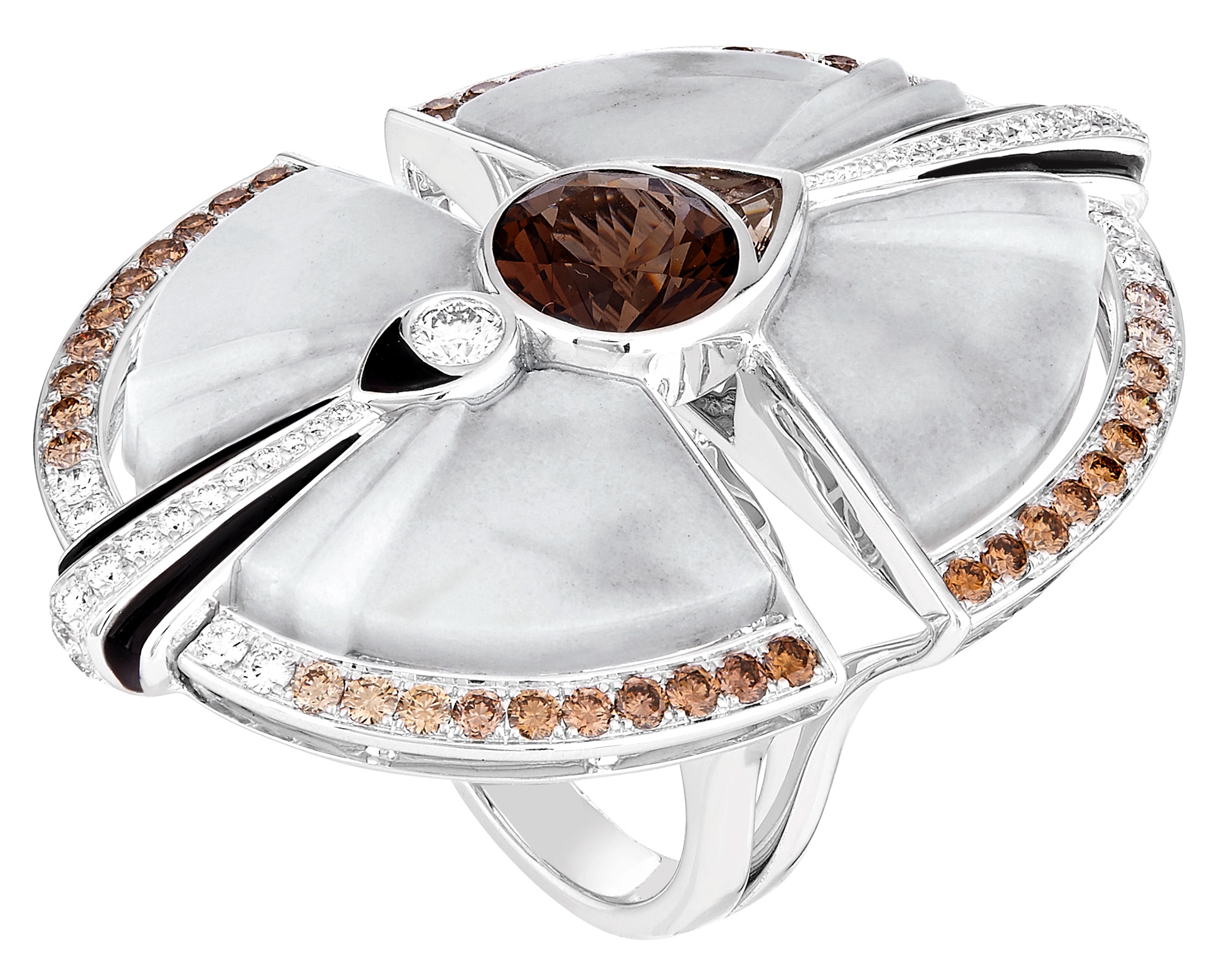 Bague "Oiseau Moqueur" Or, Diamants, Quartz, Marbre, Laque Noire