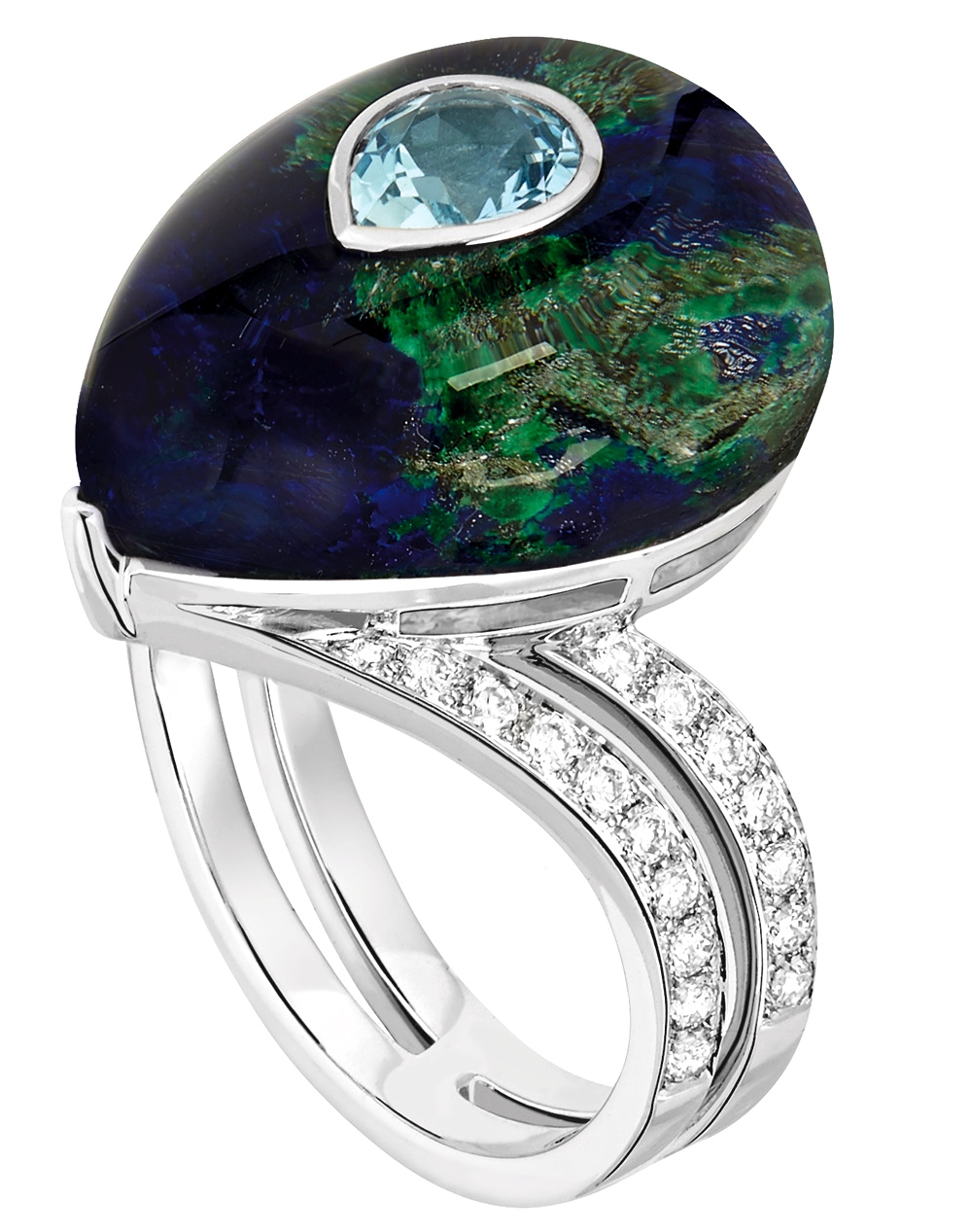 Bague "Oiseau de Tonnerre" Or, Diamants, Aigue-Marine, Azurite, Cristal de Roche