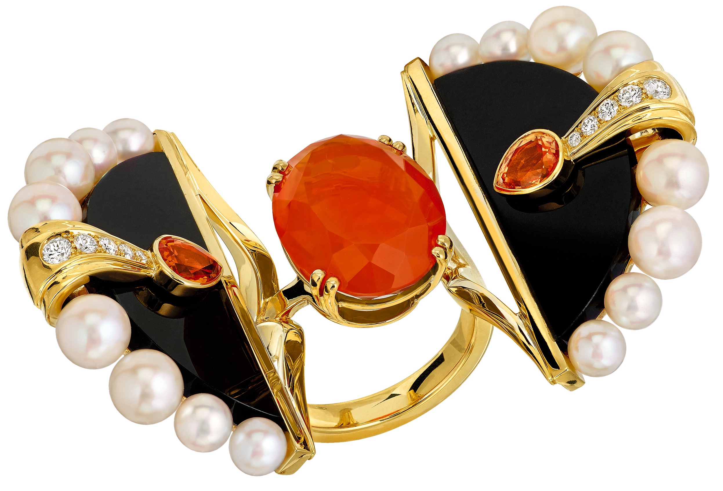 Bague " Oiseau de Feu" Or, Diamants, Saphirs Orange, Perles, Jade Noir