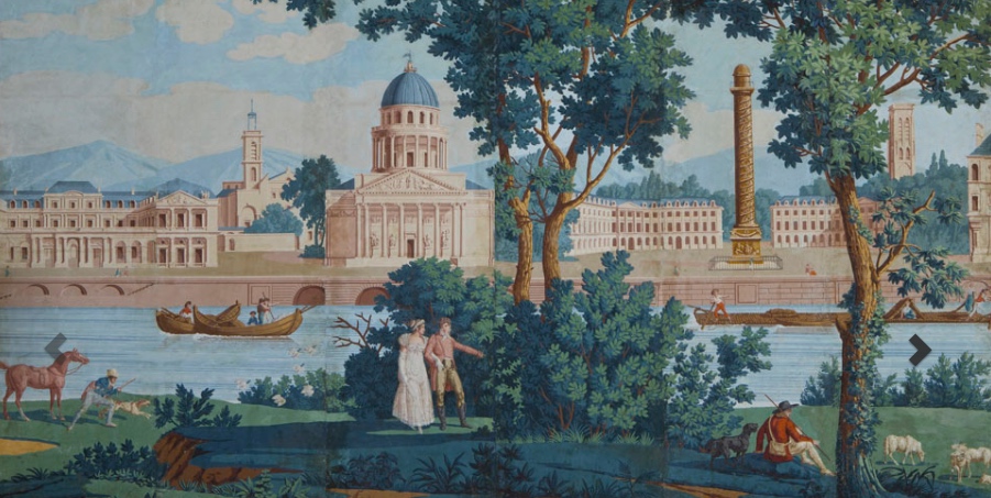 Scène du panoramique "les Monuments de Paris" / Galerie Carolle Thibaut-Pomerantz 1812-1814 Le Palais Royal, Saint- Jacques du Haut Pas, Panthéon, La Place Vendôme et la Tour Saint-Jacques ©Carolle Thibaut-Pomerantz