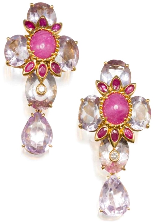 Boucles d'Oreilles Tony Duquette Rubis, Améthyste, Diamants