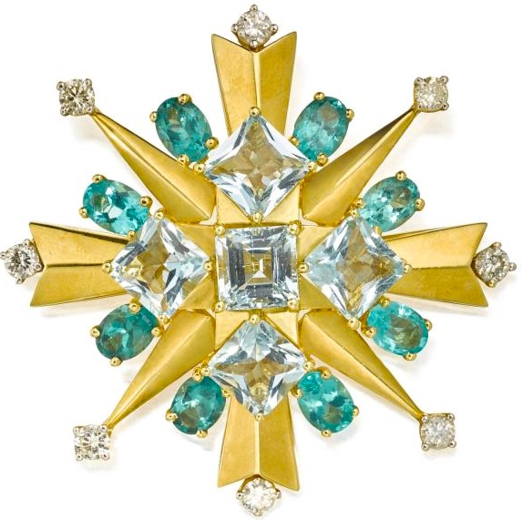 Créations Hollywoodiennes Broche Tony Duquette Aigue-Marine, Apatite, Diamants