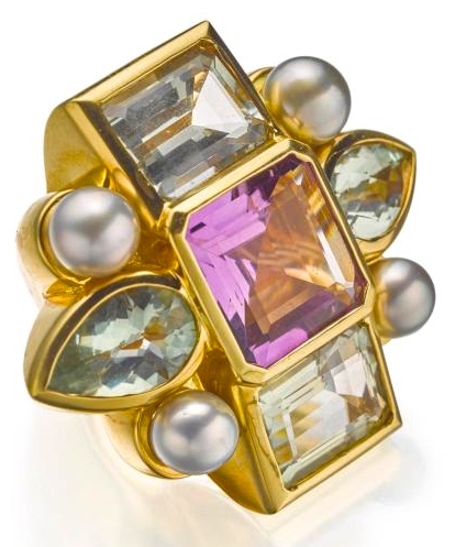 Bague Tony Duquette Améthyste, Prasiolite, Perle.