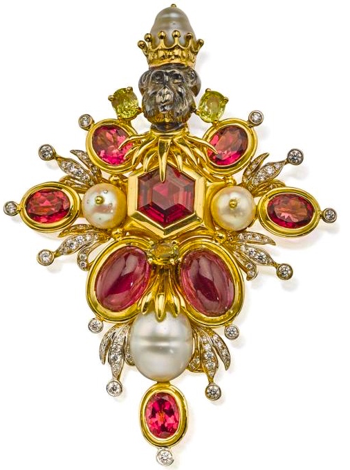 Créations Hollywoodiennes Broche Tony Duquette Tourmaline, Diamants, Perles, Citrines