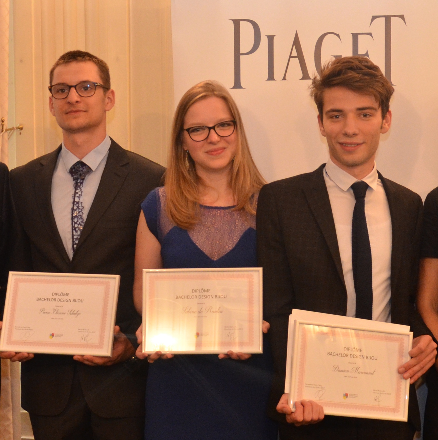 Diplôme "Bachelor Design Bijou" parrainé par Piaget. Sabine de Raulin, Damien Marconnet et Pierre-Etienne Schulze. © Écoles BJOP