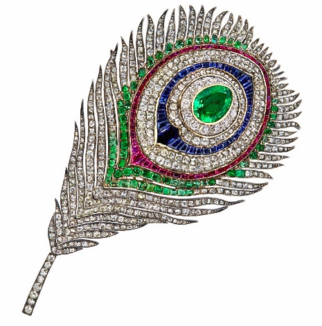 Mellerio, Grande broche plume de paon, commandé par l'Impératrice Eugénie, 1868 Diamants, Émeraudes, Saphirs, Rubis, Argent, Or Paris, collection particulière © Mellerio 