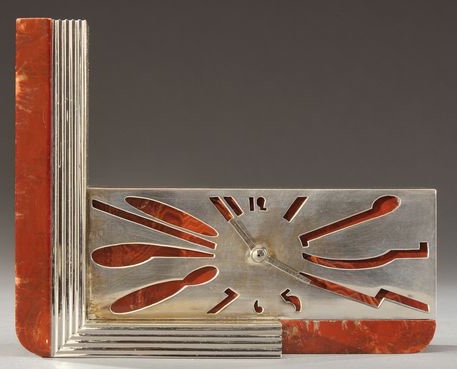 Puiforcat Vers 1930 Pendulette Serre-Livre Argent, Marbre Rouge.