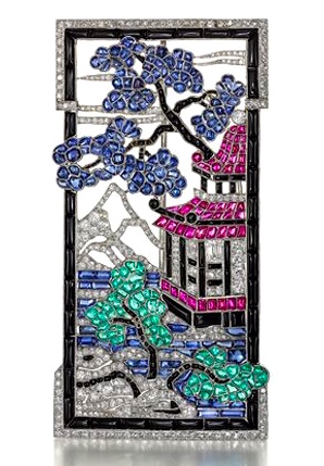 Van Cleef & Arpels Broche Inspiration Chinoise. Émeraudes, Saphirs, Rubis, Diamants, Onyx, Platine. 1924 © Van Cleef & Arpels