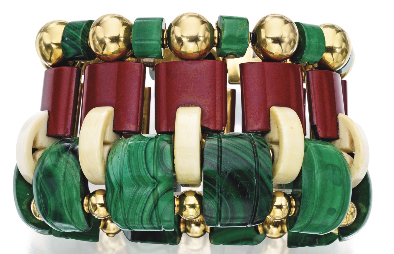 Boucheron 1931 Bracelet Inspiration Africaine. Malachite, Ivoire, Purpurine, Or. © Sothebys