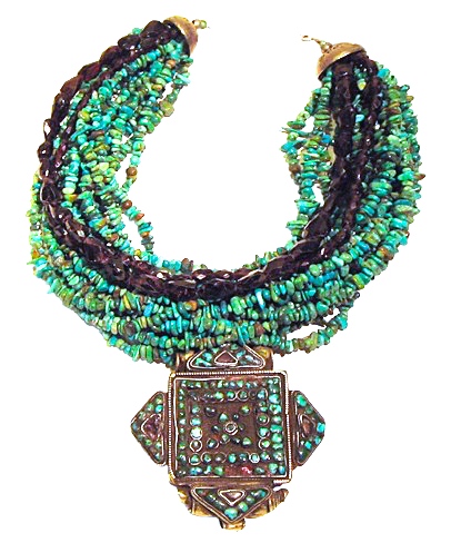 Collier Turquoises, Grenats, Reliquaire du Tibet, Argent.