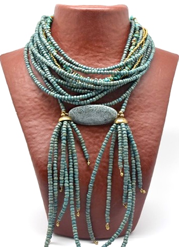 Collier Bois Exotique Vert, Turquoises, Jaspe, Bronze