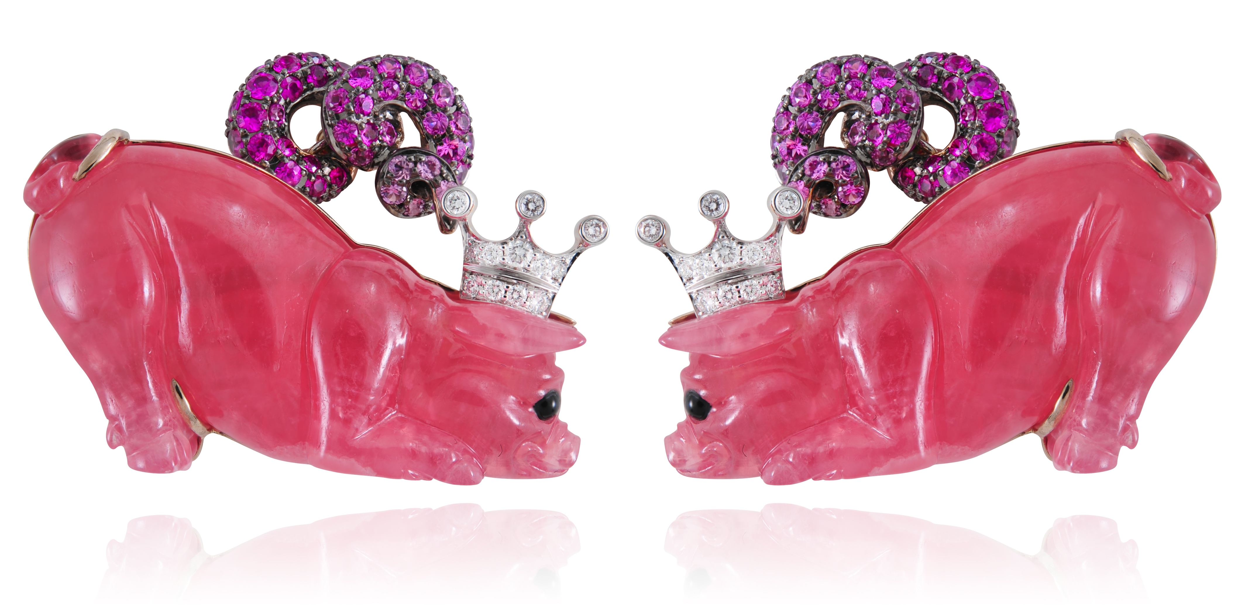 Boutons de manchette La Ferme des Animaux Rhodocrosites, Saphirs Roses, Rubis, Diamants, Or.